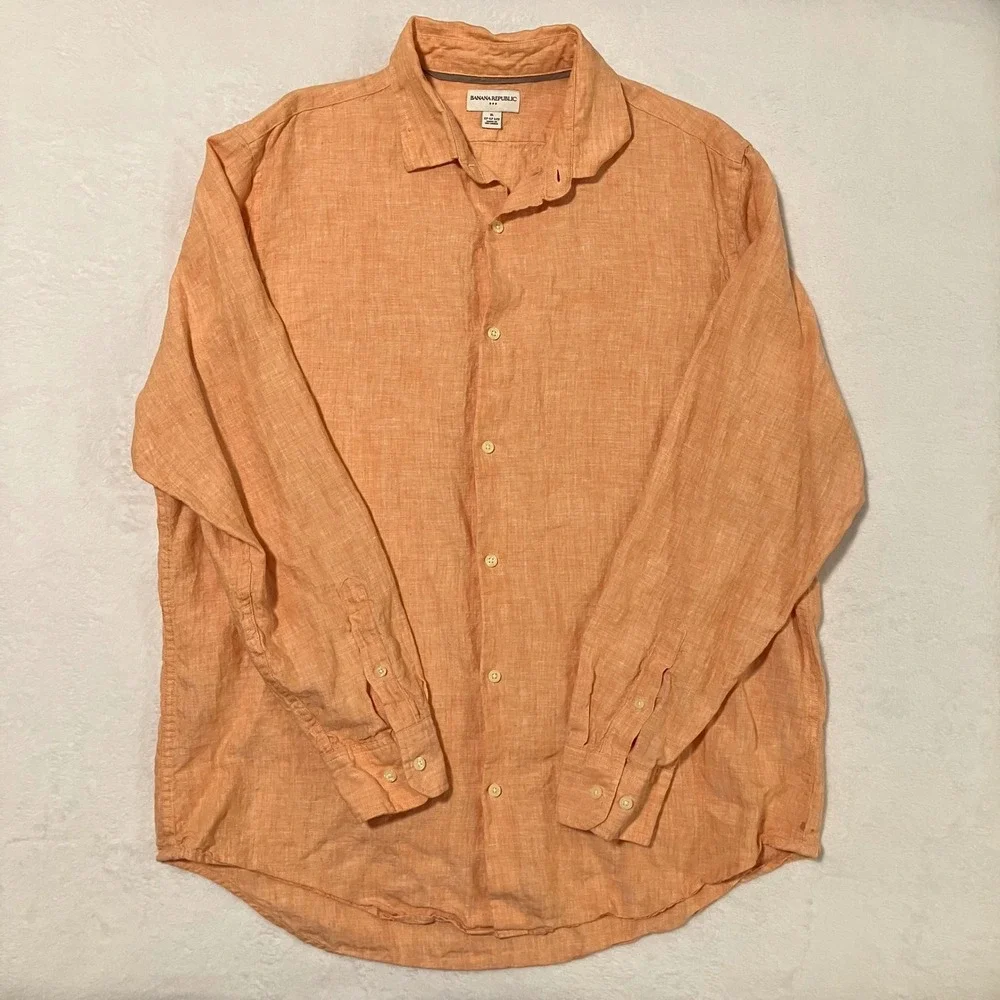 Banana Republic 100% Linen Long Sleeve Button Up Shirt Men's XL Orange